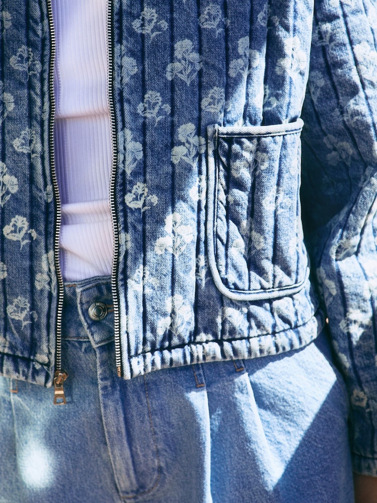 Blue Quilted Floral Print Denim Jacket - Image 5 of 5 Blue Quilted Floral Print Denim Jacket - Image 5 of 5