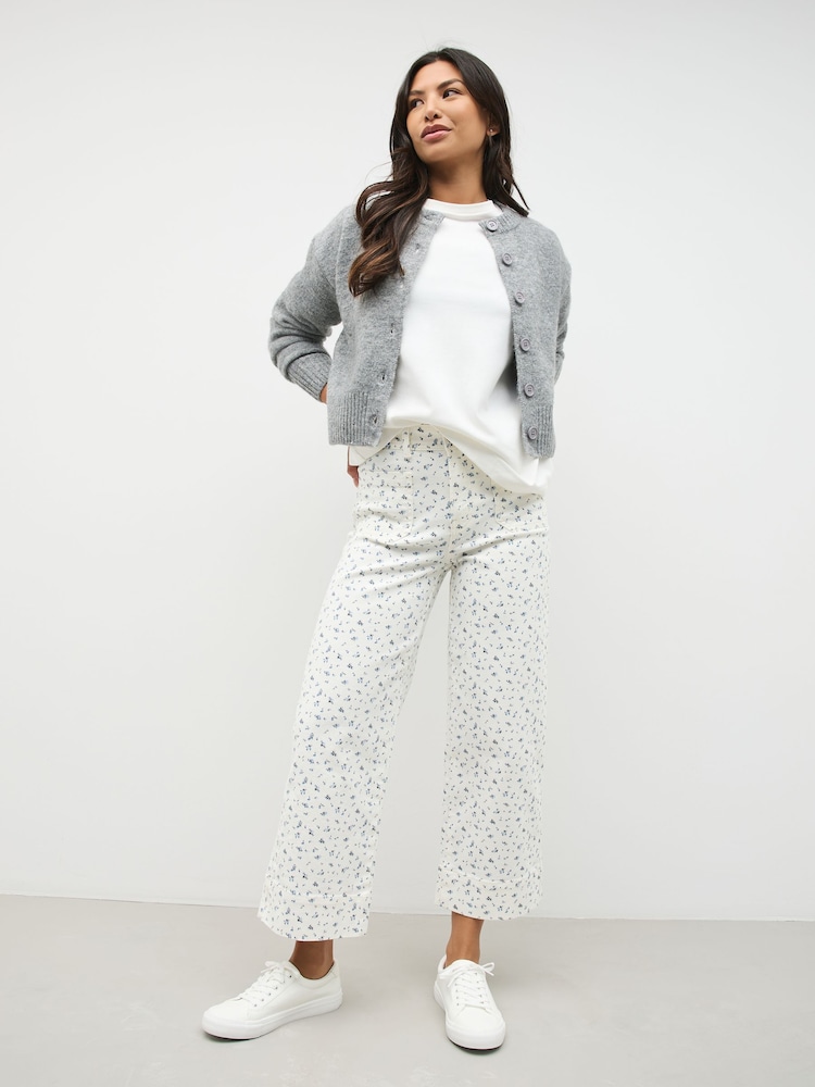 Floral Ecru Cropped Patch Pocket Jeans - Image 1 of 9