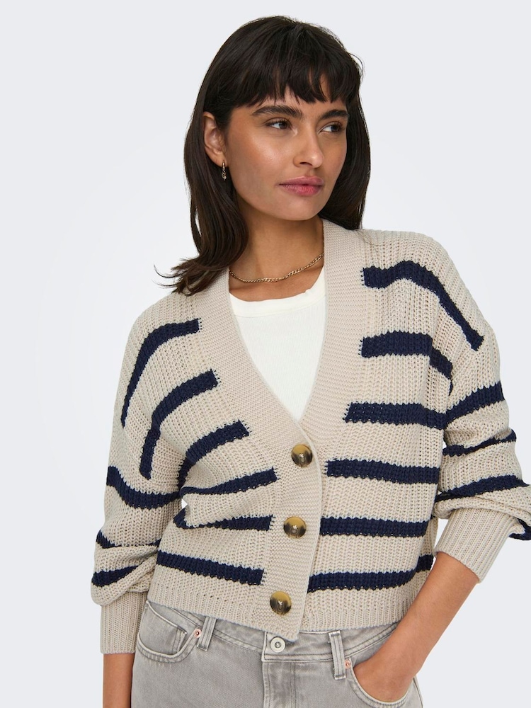 ONLY Natural Striped Long Sleeve Cardigan - Image 1 of 6
