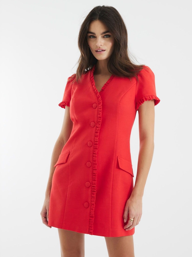 River Island Red Frill Linen Tailored Dress - Image 1 of 4 River Island Red Frill Linen Tailored Dress - Image 1 of 4