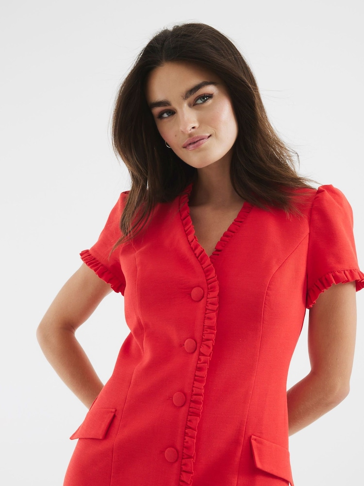 River Island Red Frill Linen Tailored Dress - Image 4 of 4 River Island Red Frill Linen Tailored Dress - Image 4 of 4