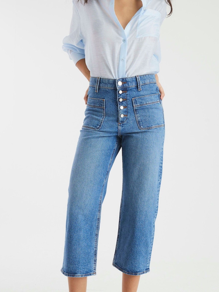 River Island Blue Wide Fit High Rise Pocket Front Cropped Jeans - Image 1 of 4 River Island Blue Wide Fit High Rise Pocket Front Cropped Jeans - Image 1 of 4