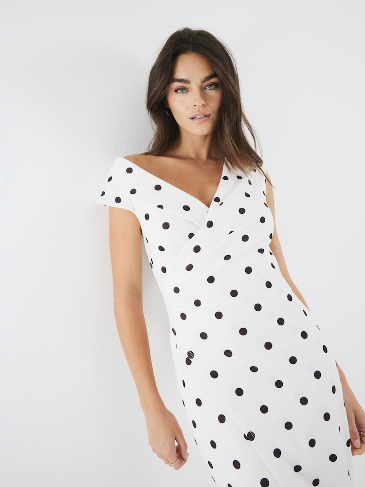 River Island Cream Polka Dot Asymetric Wrap Midi Dress - Image 1 of 4