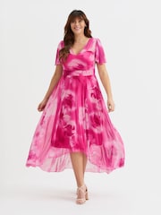 Scarlett & Jo Pink Tilly  Wine Rose Print Angel Sleeve Sweetheart Dress - Image 1 of 5