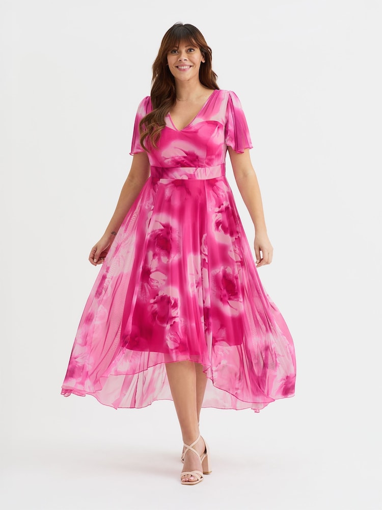Scarlett & Jo Pink Tilly  Wine Rose Print Angel Sleeve Sweetheart Dress - Image 1 of 5