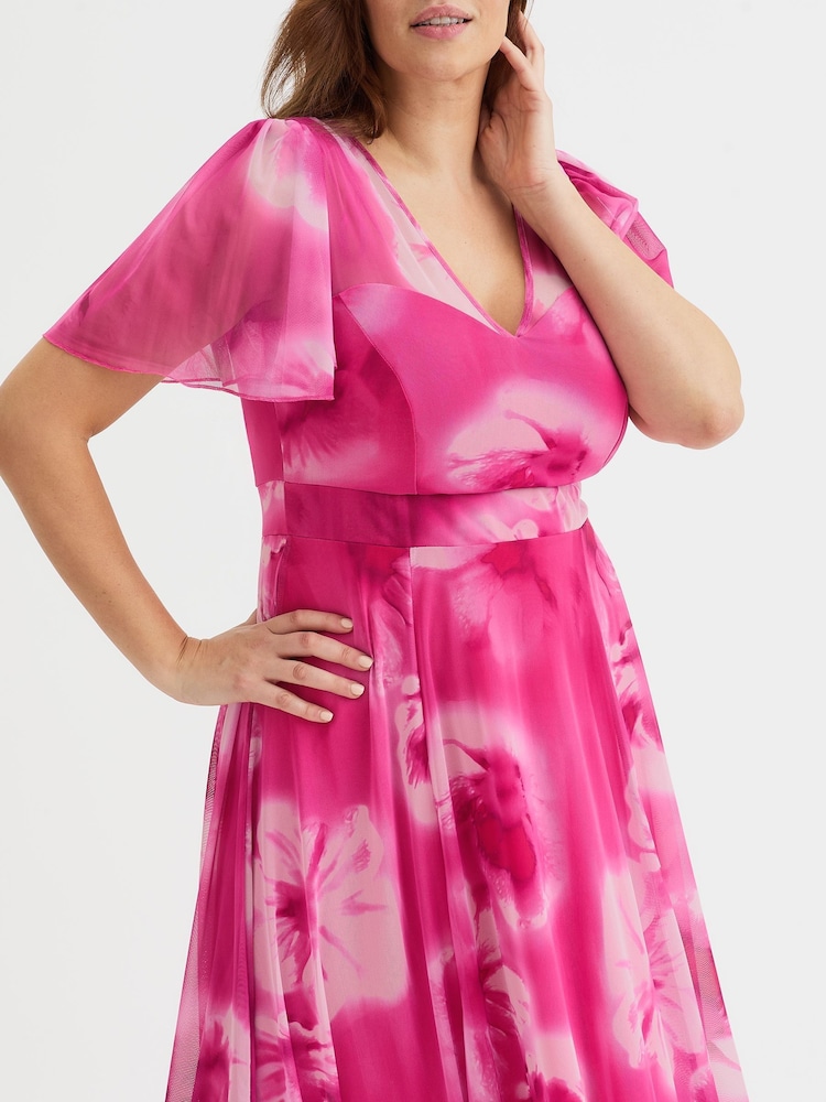 Scarlett & Jo Pink Tilly  Wine Rose Print Angel Sleeve Sweetheart Dress - Image 2 of 5