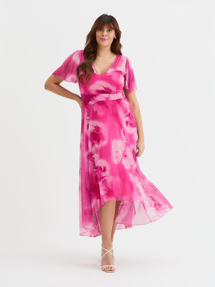 Scarlett & Jo Pink Tilly  Wine Rose Print Angel Sleeve Sweetheart Dress - Image 5 of 5