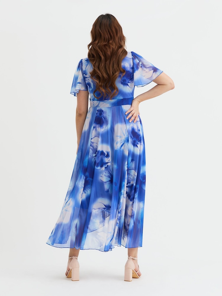 Scarlett & Jo Blue Tilly  Wine Rose Print Angel Sleeve Sweetheart Dress - Image 4 of 4