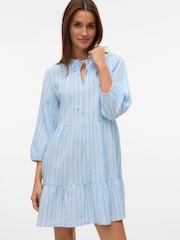 VERO MODA Blue Striped Tiered Short Tie Neck Dress - Image 1 of 5