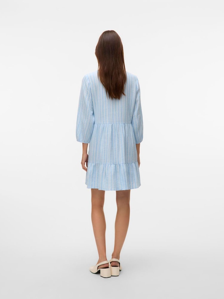 VERO MODA Blue Striped Tiered Short Tie Neck Dress - Image 2 of 5