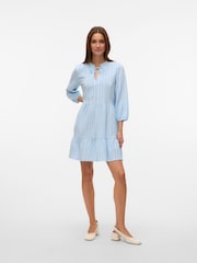 VERO MODA Blue Striped Tiered Short Tie Neck Dress - Image 3 of 5