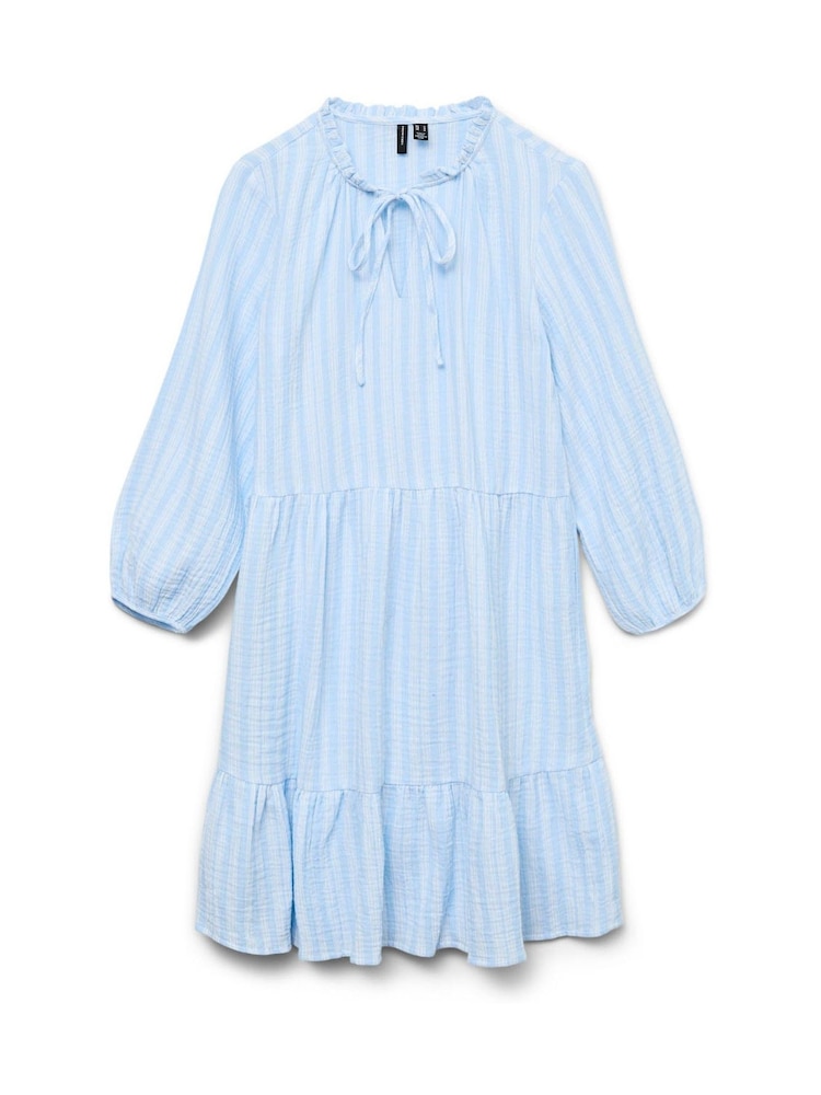 VERO MODA Blue Striped Tiered Short Tie Neck Dress - Image 5 of 5