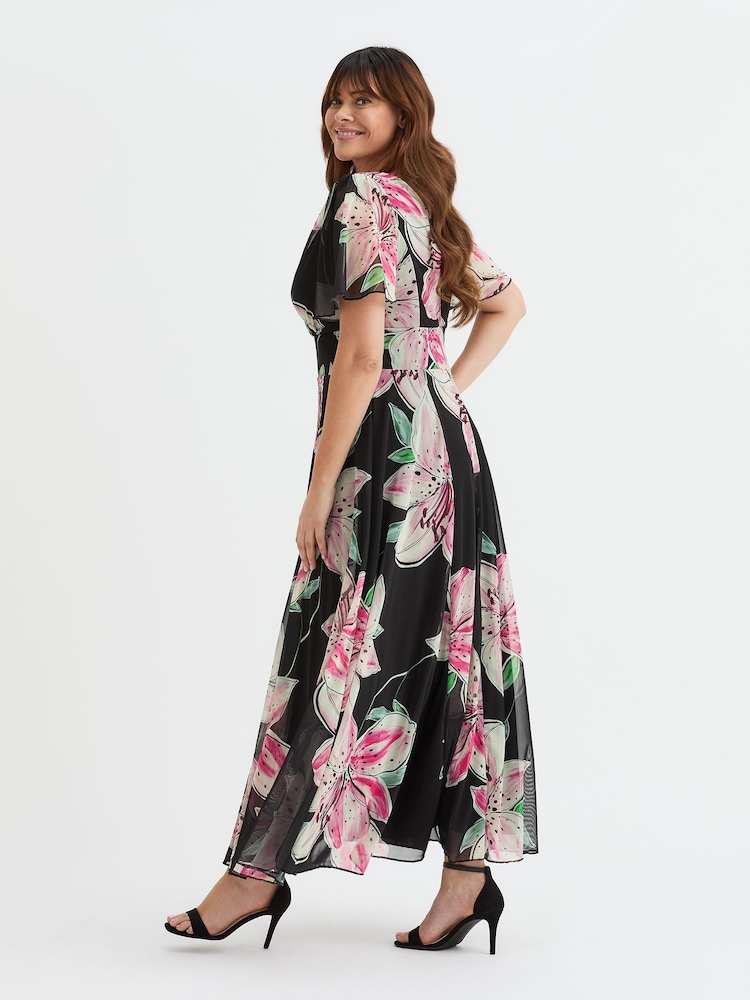 Black/Pink Flower - Rochie lungă Scarlett & Jo Isabelle cu mâneci largi - Image 3 of 4