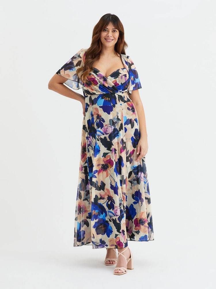 Scarlett & Jo Blue Kemi Bolero Wrap Bodice Mesh Maxi Gown - Image 1 of 4