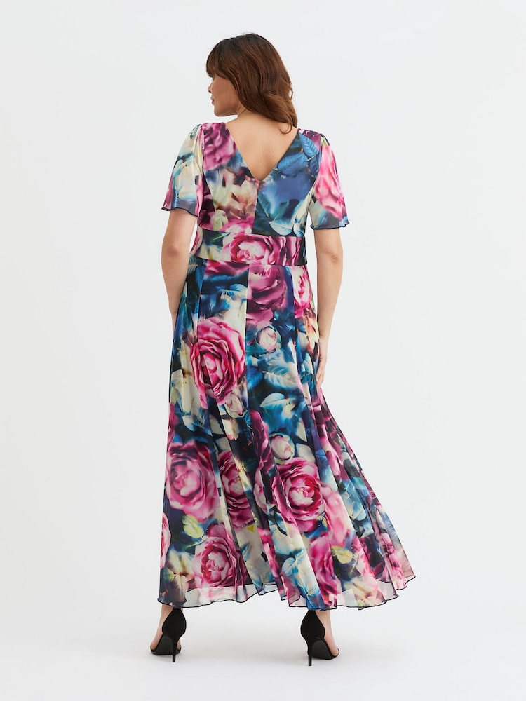 Scarlett & Jo Blue/Pink Rose Isabelle Float Sleeve Maxi Dress - Image 4 of 4