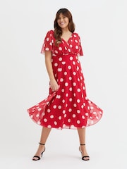 Scarlett & Jo Red White Polka Dot Victoria Angel Sleeve Mesh Midi long Dress - Image 1 of 4