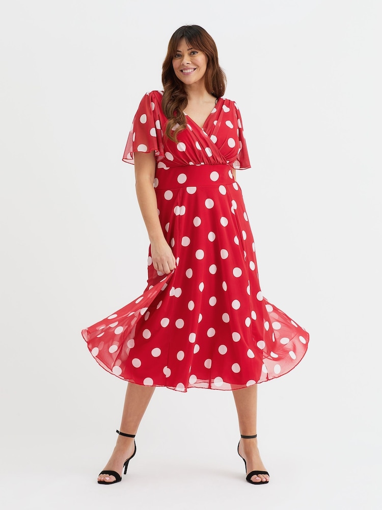 Scarlett & Jo Red White Polka Dot Victoria Angel Sleeve Mesh Midi long Dress - Image 1 of 4