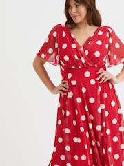 Scarlett & Jo Red White Polka Dot Victoria Angel Sleeve Mesh Midi long Dress - Image 2 of 4