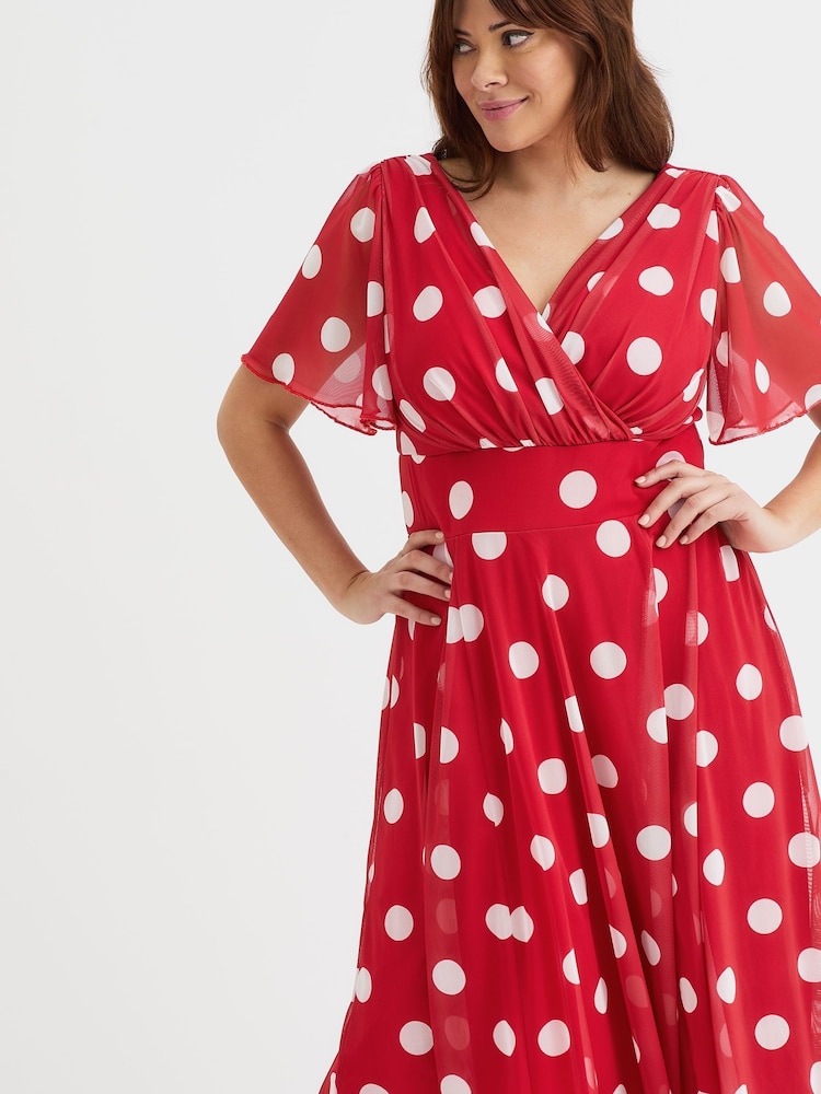 Scarlett & Jo Red White Polka Dot Victoria Angel Sleeve Mesh Midi long Dress - Image 2 of 4