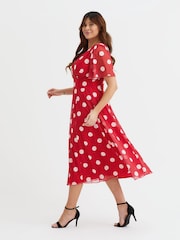 Scarlett & Jo Red White Polka Dot Victoria Angel Sleeve Mesh Midi long Dress - Image 3 of 4