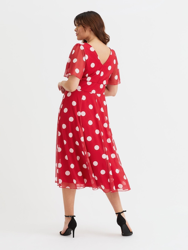 Scarlett & Jo Red White Polka Dot Victoria Angel Sleeve Mesh Midi long Dress - Image 4 of 4
