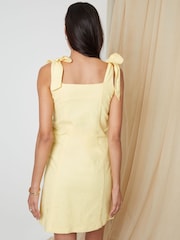 Threadbare Yellow Tie Strap Linen Blend Mini Shift Summer Dress - Image 4 of 5