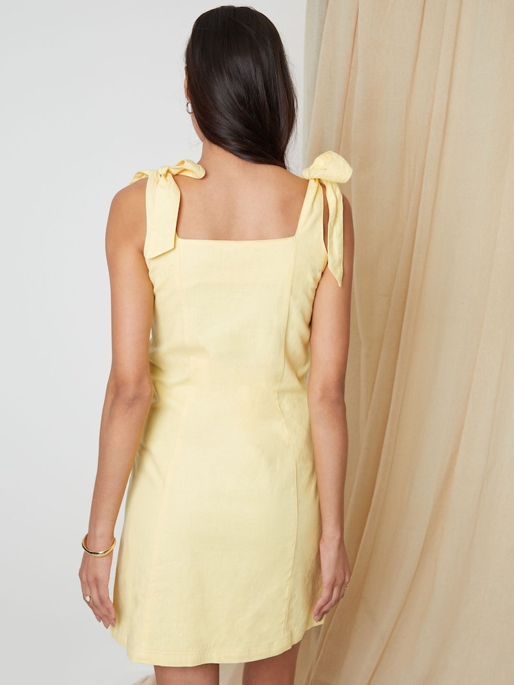 Threadbare Yellow Tie Strap Linen Blend Mini Shift Summer Dress - Image 4 of 5