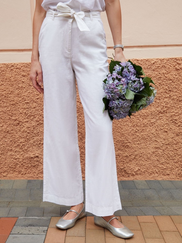 Threadbare White Belted Linen Blend Wide Leg Trousers - Image 1 of 4 Threadbare White Belted Linen Blend Wide Leg Trousers - Image 1 of 4