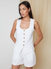 Threadbare White Scoop Neck Longline Linen Blend Waistcoat - Image 1 of 4