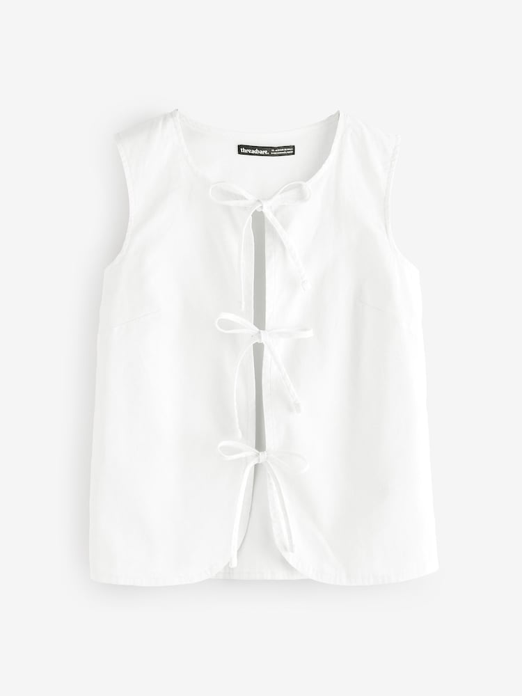 Threadbare White Tie Front Linen Blend Waistcoat - Image 5 of 5