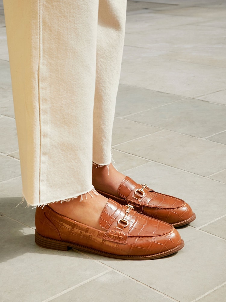 Linzi Brown Maison Croc Effect Loafers With Buckle Detail - Image 1 of 5