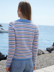 Threadbare Blue Stripe Collared Tie Front Crochet Knit Cardigan - Image 2 of 4