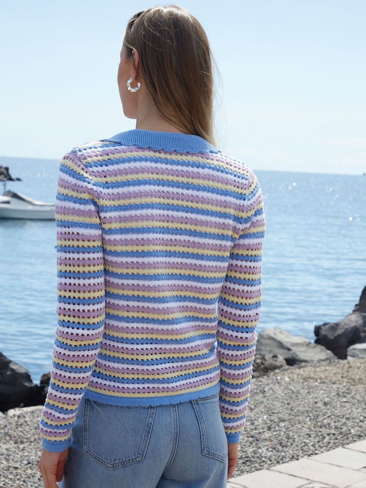 Threadbare Blue Stripe Collared Tie Front Crochet Knit Cardigan - Image 2 of 4