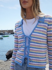Threadbare Blue Stripe Collared Tie Front Crochet Knit Cardigan - Image 3 of 4