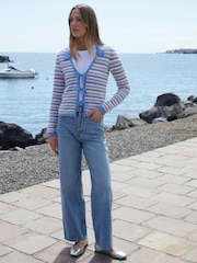 Threadbare Blue Stripe Collared Tie Front Crochet Knit Cardigan - Image 4 of 4