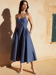 Threadbare Blue V-Neck Fit and Flare 100% Cotton Midi Dress - Image 1 of 4