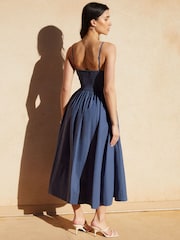 Threadbare Blue V-Neck Fit and Flare 100% Cotton Midi Dress - Image 2 of 4