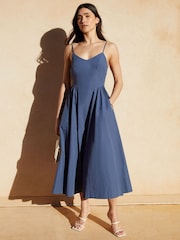 Threadbare Blue V-Neck Fit and Flare 100% Cotton Midi Dress - Image 4 of 4