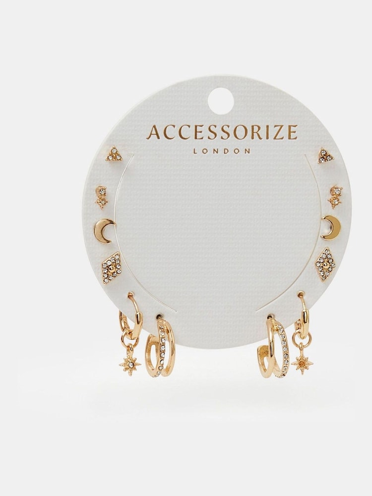 Accessorize Gold Tone Starry Night Stud and Hoop Earrings 6 Pack - Image 2 of 3 Accessorize Gold Tone Starry Night Stud and Hoop Earrings 6 Pack - Image 2 of 3