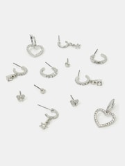 Accessorize Silver Tone Pavé Heart Stud and Hoop Earrings 6 Pack - Image 1 of 3
