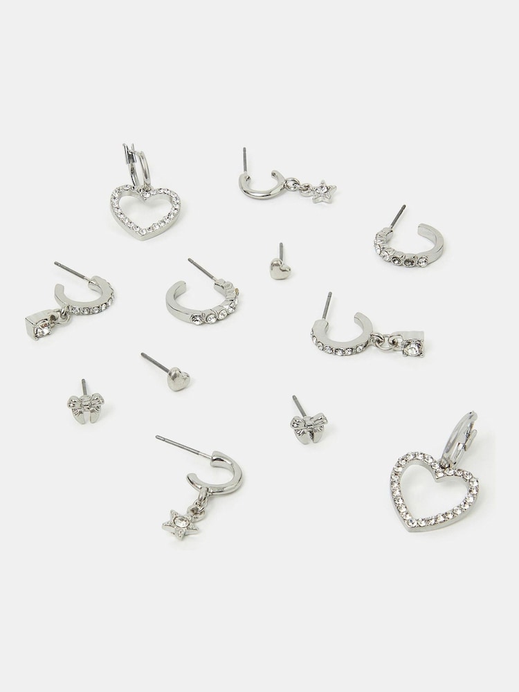 Accessorize Silver Tone Pavé Heart Stud and Hoop Earrings 6 Pack - Image 1 of 3