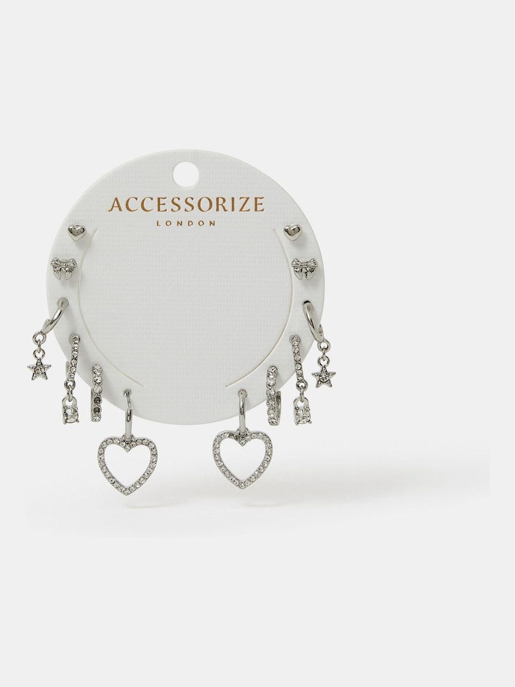 Accessorize Silver Tone Pavé Heart Stud and Hoop Earrings 6 Pack - Image 2 of 3