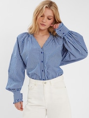 Accessorize Blue Stripe Frill Blouson 100% Cotton Blouse - Image 1 of 4