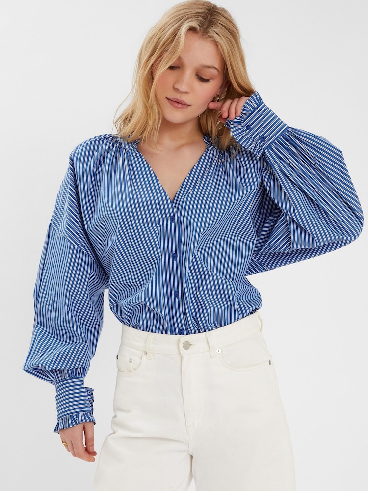 Accessorize Blue Stripe Frill Blouson 100% Cotton Blouse - Image 1 of 4