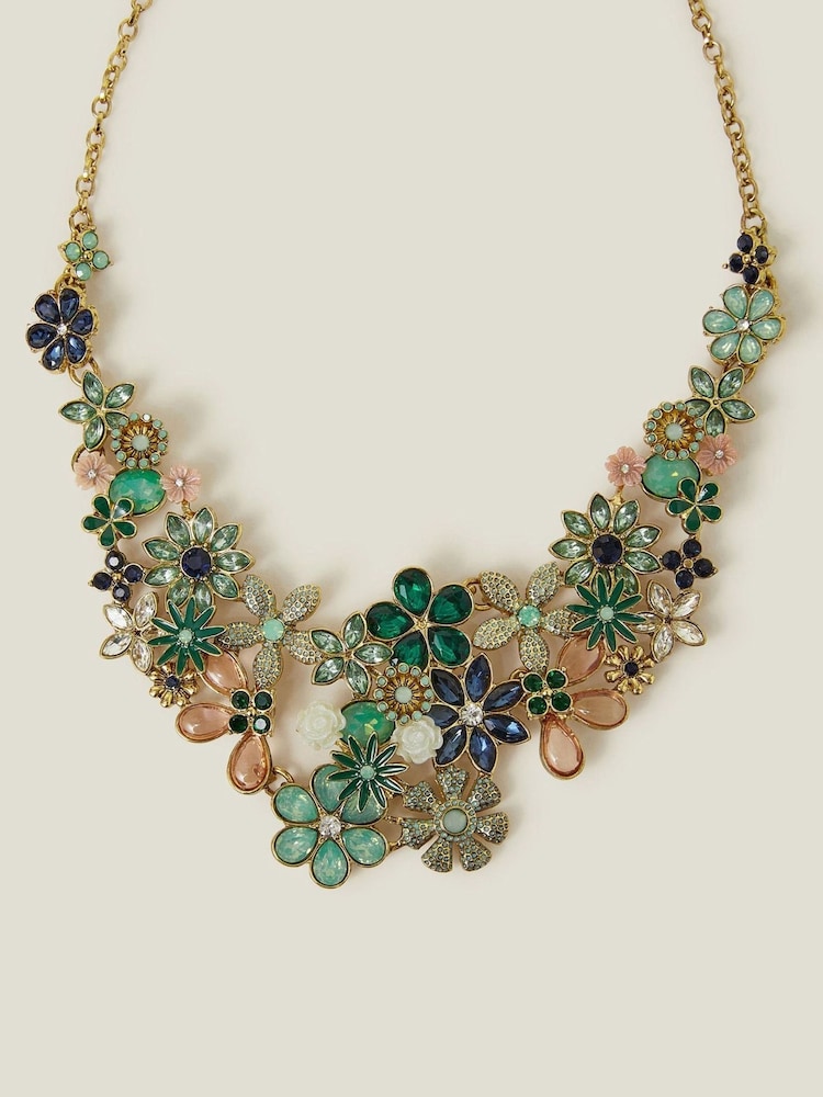 Accessorize Green Gem Flower Print Statement Necklace - Image 1 of 2