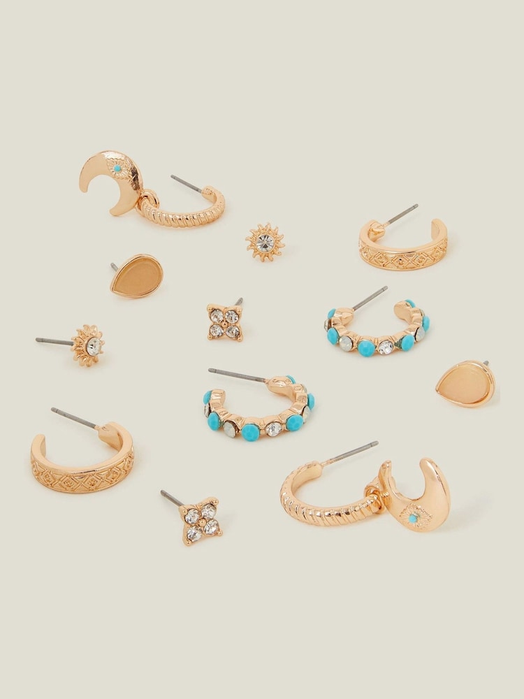 Accessorize Gold Tone Celestial Stud and Hoop Earrings 6 Pack - Image 1 of 2