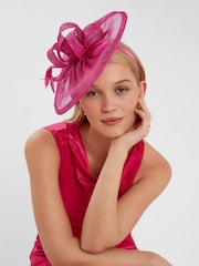 Accessorize Pink Woven Bow Feather Disc Fascinator Hat - Image 1 of 3