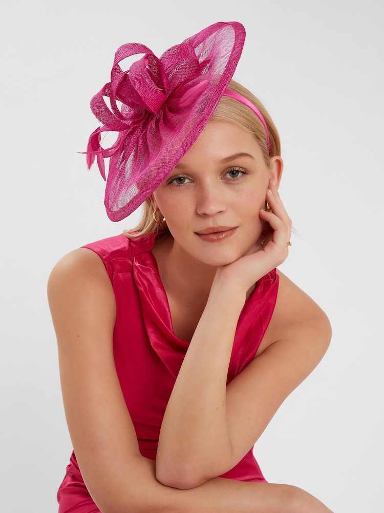 Accessorize Pink Woven Bow Feather Disc Fascinator Hat - Image 1 of 3