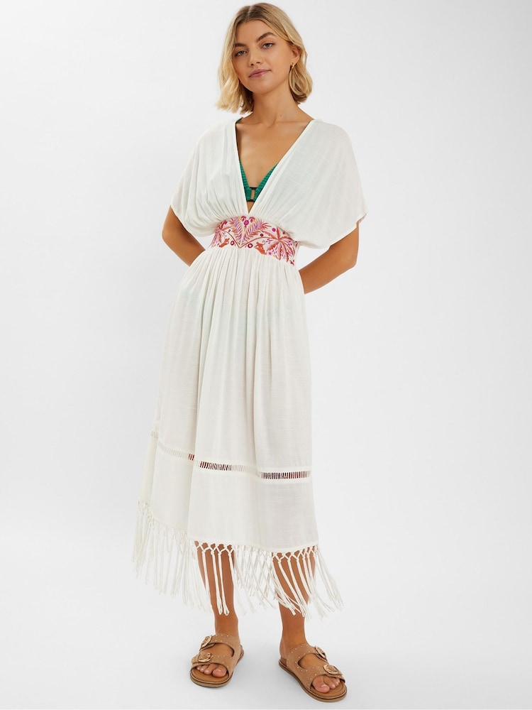 Accessorize Palm besticktes Kaftan-Kleid mit Fransen - Bild 1 von 4