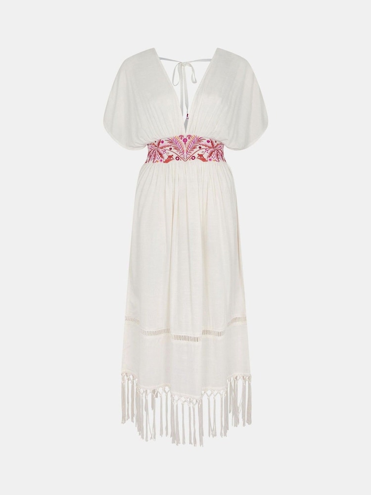 Accessorize Natural Palm Embroidered Fringe Kaftan Dress - Image 4 of 4 Accessorize Natural Palm Embroidered Fringe Kaftan Dress - Image 4 of 4